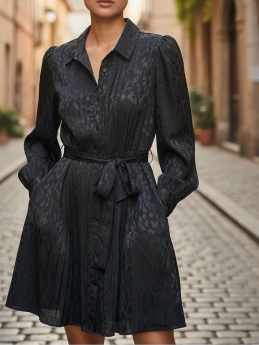 DKNY Black Pleated Long Sleeve Dress
